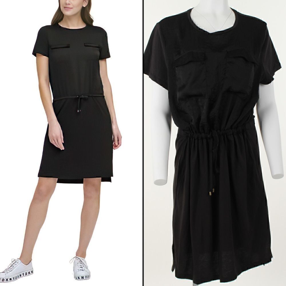 Dkny Solid Drawstring-Waist Pocket-Front Dress